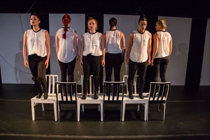 L-R: Elisa-Marie Alaio, Glenna Clark, Jenna Rae Smith, Grace Cohen, Sara Cohen, Cammi Nevarez in fireWall dance theater's "Admission." Photo by Duerring Photography.