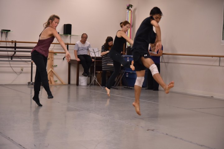 [Foreground] GroundWorks DanceTheater's Michael Marquez, Lauren Garson, and Annika Sheaff. [Background] Composer Oded Zehavi, Violinist Mirabai Weismehl Rosenfeld.